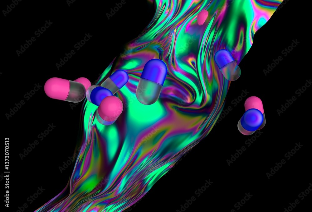 Poster vibrant 3d illustration featuring floating pink and blue capsules over a dynamic, iridescent wave ag