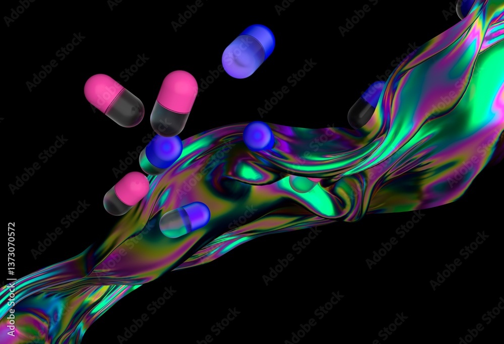Poster vibrant 3d illustration featuring floating pink and blue capsules over a dynamic, iridescent wave ag