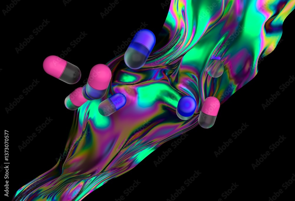 Poster vibrant 3d illustration featuring floating pink and blue capsules over a dynamic, iridescent wave ag