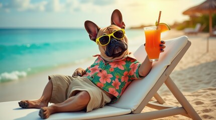 Dog in sunglasses relaxing on beach chair with tropical drink  