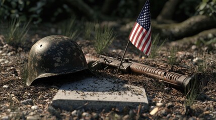 A war grave commemorates a fallen soldier with items symbolizing loss