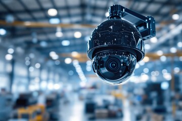 Surveillance camera with a digital interface in a futuristic style, hanging in a warehouse with a blurred background. Concept of security and monitoring. Ai generative