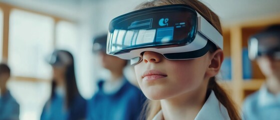 Engineers designing AI powered augmented reality for education, high-tech classroom with real-time AR interaction data and immersive learning tools, High-tech style