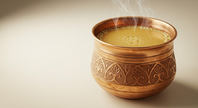 A steaming cup of golden turmeric tea, nestled in an ornate copper vessel, offers warmth and comfort on a tranquil morning. Soft light enhances the intricate design.