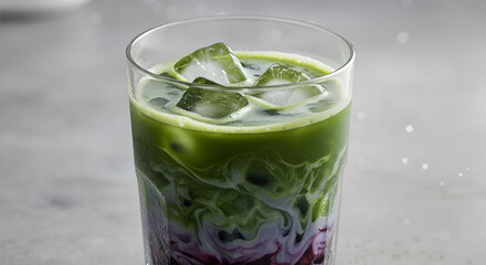 Refreshing Iced Blueberry Matcha Latte with Swirling Colors and Ice Cubes
