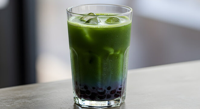 Refreshing iced blueberry matcha latte with boba pearls creating a visually layered drink