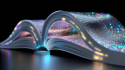 Holographic digital book with glowing AI-driven pages, futuristic cyberpunk concept, innovation, virtual intelligence, and modern technology.
