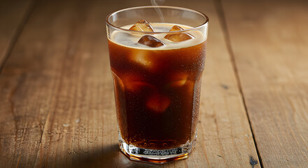 Refreshing iced cinnamon vanilla coffee on rustic wooden surface evokes delight