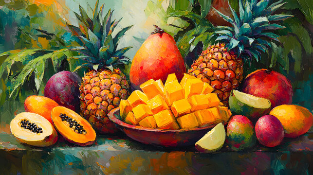 A vibrant tropical fruit selection with fresh mangoes, pineapples, and papayas, perfect for preparing colorful tropical dishes.