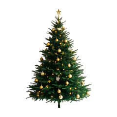 Decorated Christmas tree with gold ornaments and lights festive winter holiday season
