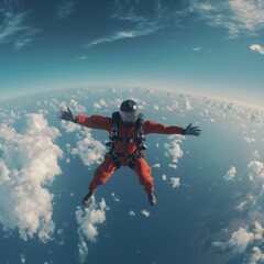 A skydiver in orange gear soars through the sky, framed by clouds and a blue expanse, capturing a moment of aerial freedom.
