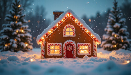 Naklejka premium Festive gingerbread house glowing in snow, winter wonderland