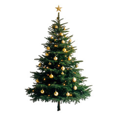 Decorated Christmas tree with gold ornaments and star topper Festive winter holiday season