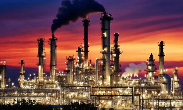 Industrial Refinery Silhouette at Sunset with Smokestacks Emitting Pollution Against Colorful Sky