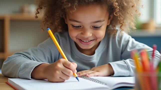 A child focused on writing in a notebook, using colorful crayons, showcasing the joy of learning and creativity in early education.