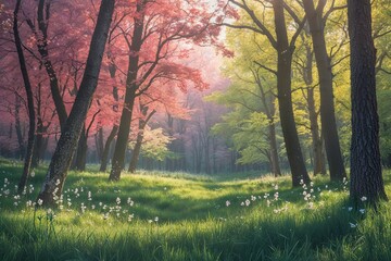 Fototapeta premium Vibrant Textured Spring Forest Background with Serene Dappled Light