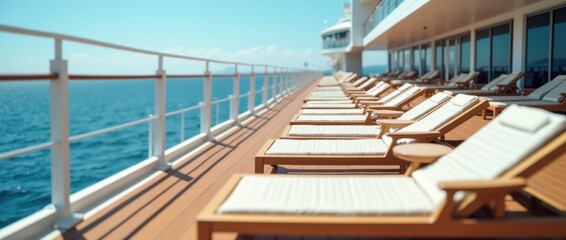 Close-up view of a cruise ship deck with sun loungers and the ocean in the background, emphasizing relaxation and luxury, ideal for lifestyle and vacation promotions.