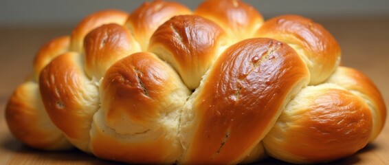 Freshly baked challah bread, golden brown crust, braided texture, soft interior, traditional Jewish bread, perfect for celebrations and gatherings.