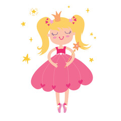 Cute fairy tale Princess and stars. Little girl on a pink dress In Flight. Cute little princes with gold hair on a white background.