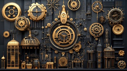 Intricate Steampunk Wall Art Featuring Golden Gears, Clocks, and Architectural Elements in a Vintage Industrial Style for Unique Home Decor and Inspiration