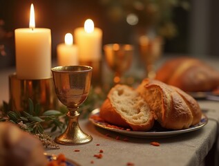 Kiddush cup set on a beautifully arranged Shabbat table, surrounded by challah and candles