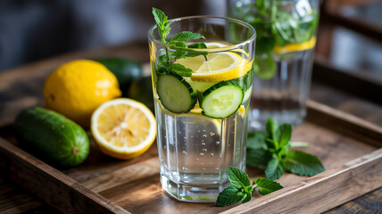 Fototapeta premium Refreshing Lemon Cucumber Water with Mint - Healthy Detox Drink