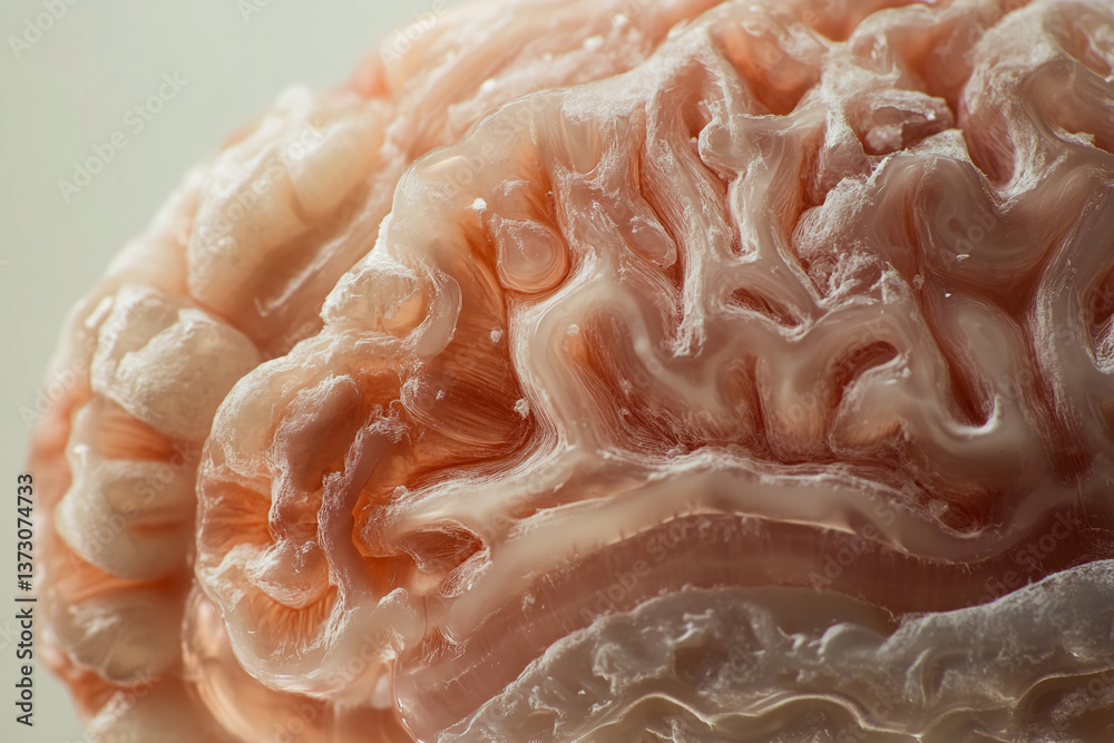 Poster Close-up of peach-toned textured surface, showing intricate swirling patterns, suggesting a brain structure, representing intellect, complexity, and neural networks