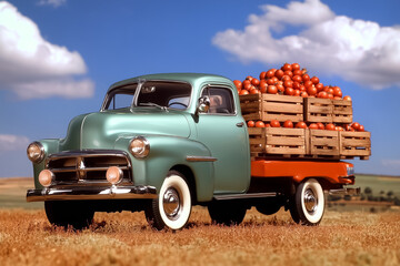Vintage truck loaded with crates of fresh oranges drives through rural landscape. Bright blue sky and golden fields create scenic backdrop. Concept of agriculture, fruit distribution, transportation