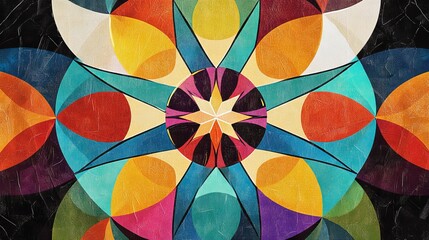 Abstract geometric design with vibrant colors and symmetrical patterns on