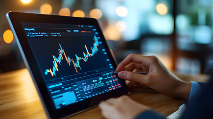 A young business professional reviewing stock market trends on a tablet.