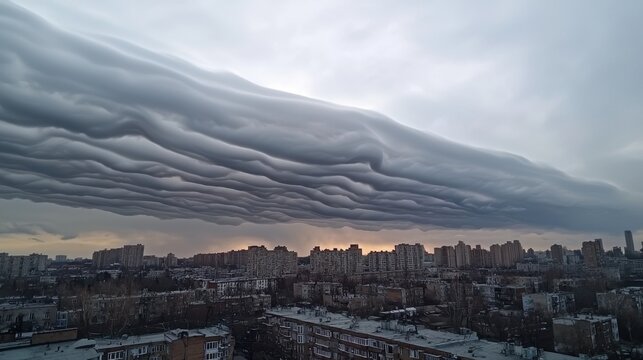 Striking undulatus asperatus clouds create a dramatic sky over a cityscape, showcasing unique weather formations and atmospheric beauty.