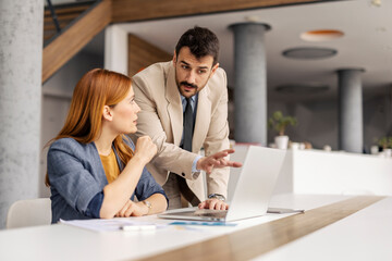 Portrait of boss explaining case study to a businesswoman with laptop at boardroom.