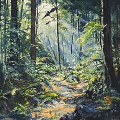 Forest path with sunlight filtering through trees painting nature scene.