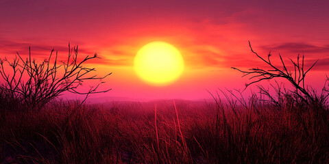 Naklejka premium Silhouette of shrubs against a vibrant sunset, large yellow sun dominating the sky, creating a dramatic and peaceful scene, ideal for nature or tranquility concepts