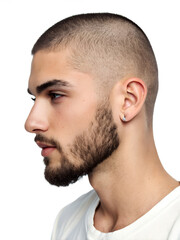 Close-up portrait showing a young man's Corn rows with Beard hairstyle, isolated on a transparent background