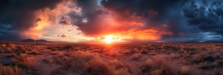 Naklejka premium Dramatic sunset or sunrise with orange glow over a field