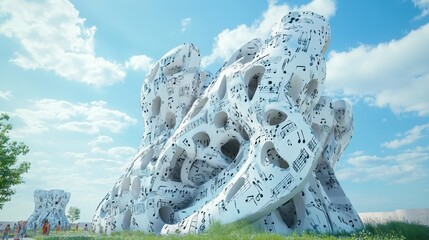 Musical Architecture Abstract Sculpture with Notes, People, and Sky Art Installation with Cloudscape