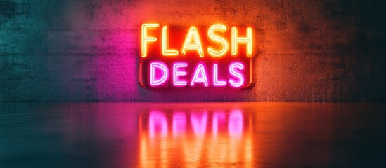 Flash Deals Neon Sign:  A vibrant, eye-catching neon sign advertising flash deals, reflecting on a glossy surface against a textured wall.