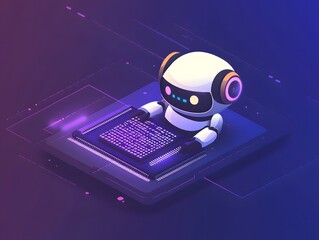 Digital Companion: A futuristic, isometric illustration of a charming robot focused on a tech-related project, highlighting its role in innovation and technology.