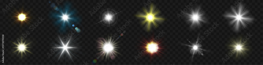 Poster Star light and sunlight shine glow. Vector flash light set with transparency in vector