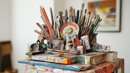 Paintbrushes, palette knives and artistic paraphernalia create a colorful and chaotic arrangement on an artist's well used table