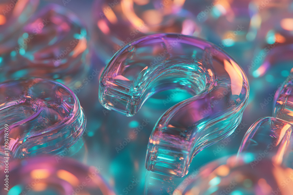 Poster close-up of iridescent glass question marks, creating an abstract, intriguing visual. symbolizes cur