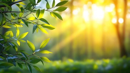 Green leaves with sunlight coming through a lush forest landscape