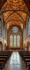 Obraz premium Serene chapel, stained glass, ornate ceiling, wooden pews.
