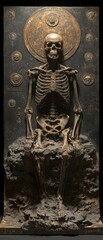 Seated skeleton art, dark background, ornate details.
