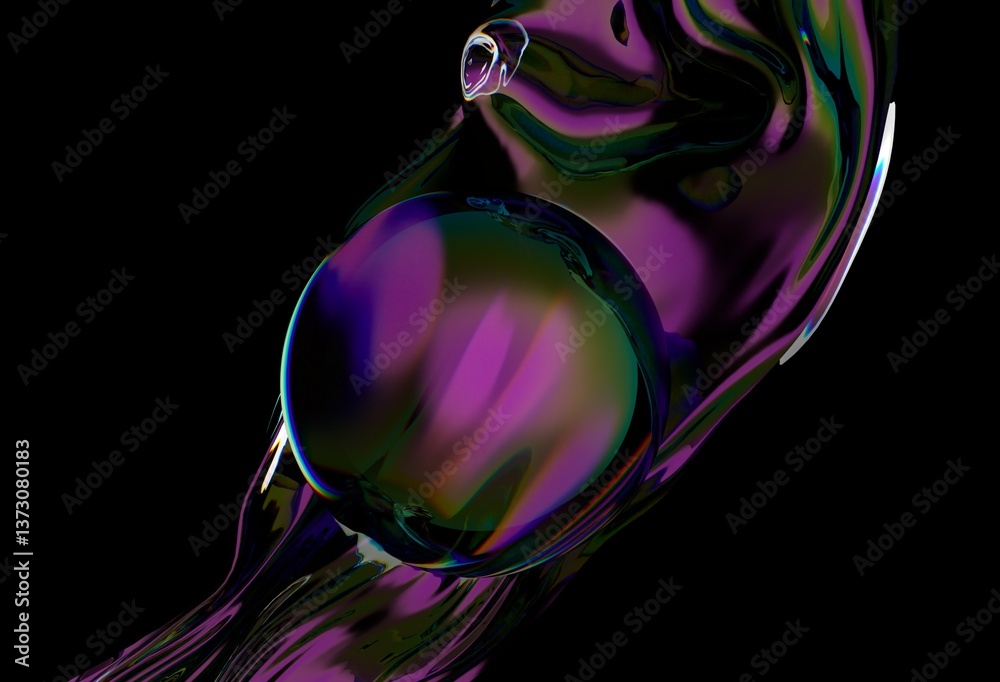 Poster abstract 3d illustration with fluid, iridescent shapes in purples, greens, and blues. glossy, dynami