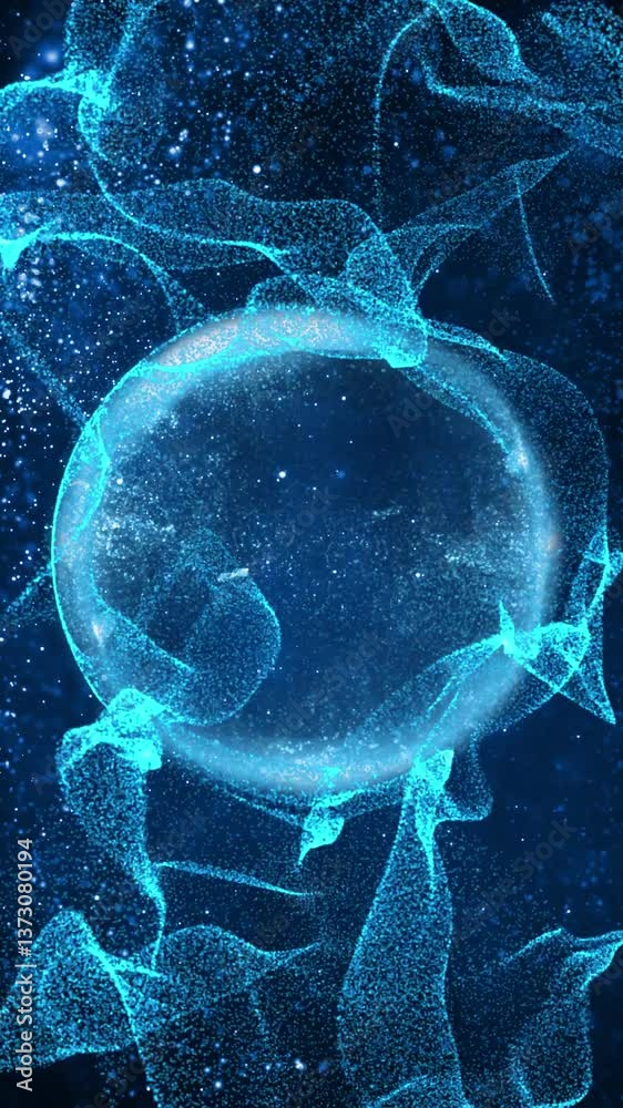 Wall mural vertical spherical space fractal blanket 4k loop features blue fractal forms transforming around a s