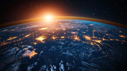 Earth at dawn, city lights, space view, sunrise over populated areas