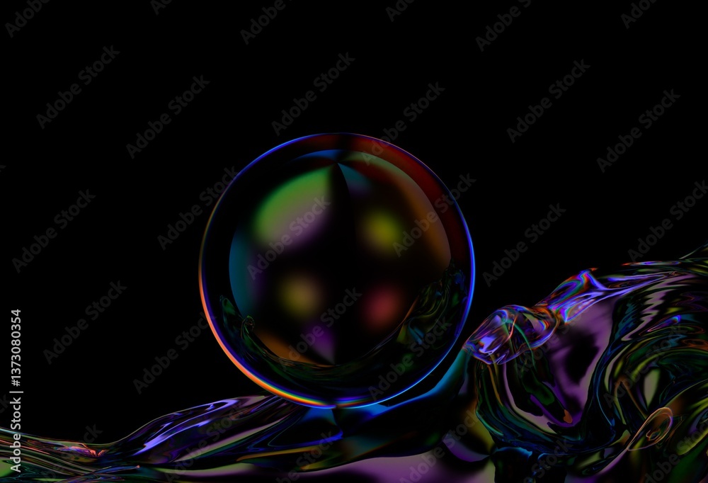 Poster 3d illustration of a dark, iridescent wave encircling a reflective sphere, set against a black backg