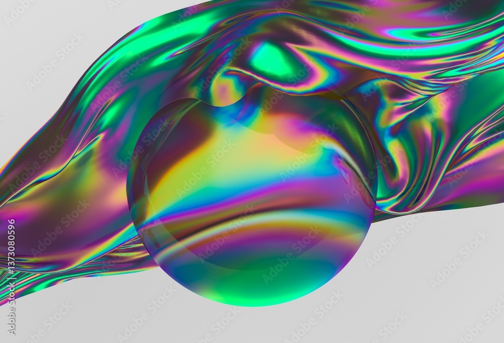 Poster mesmerizing 3d illustration featuring an iridescent wave flowing around a translucent sphere, showca